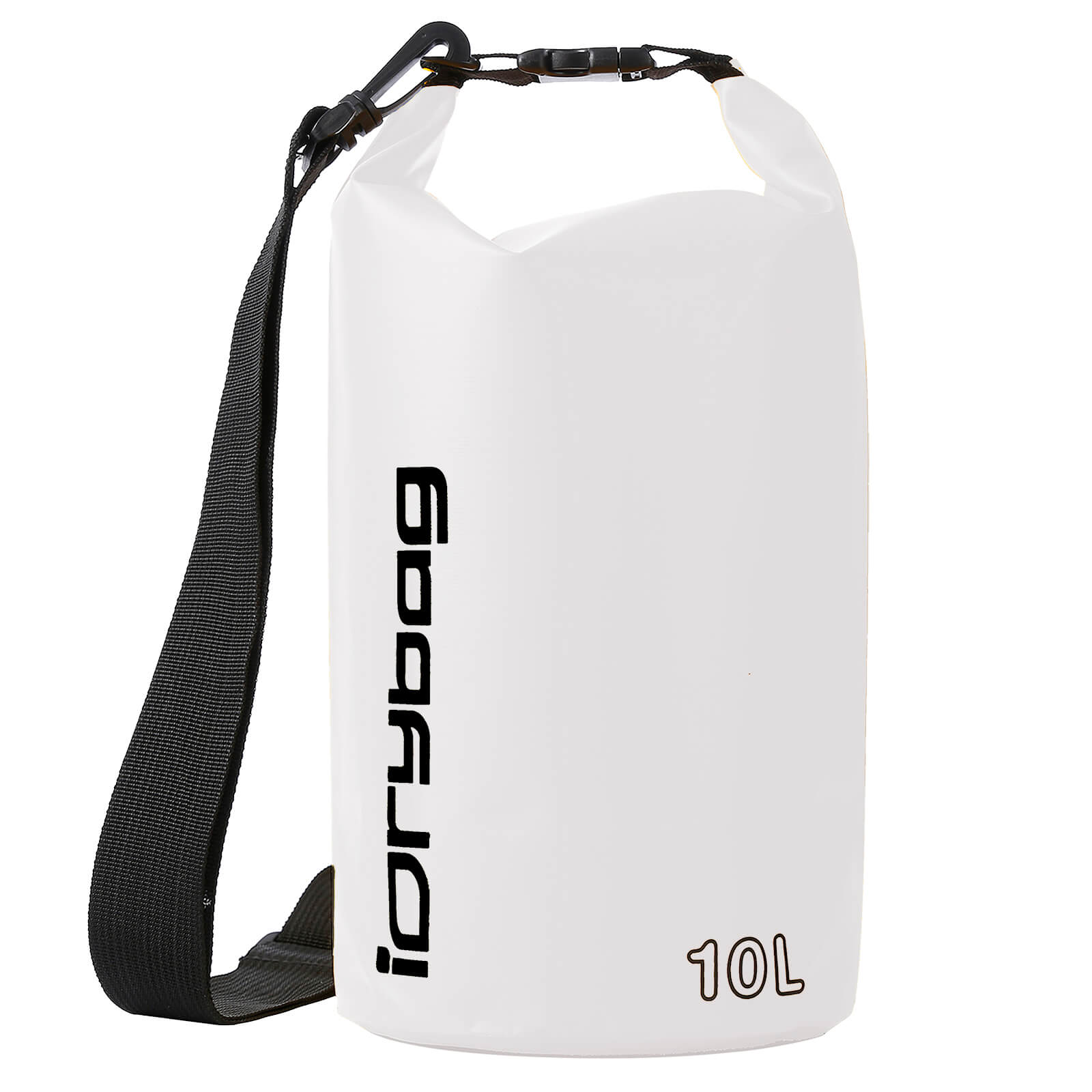 idrybag 10L White dry bag with black strap and branding on a white background