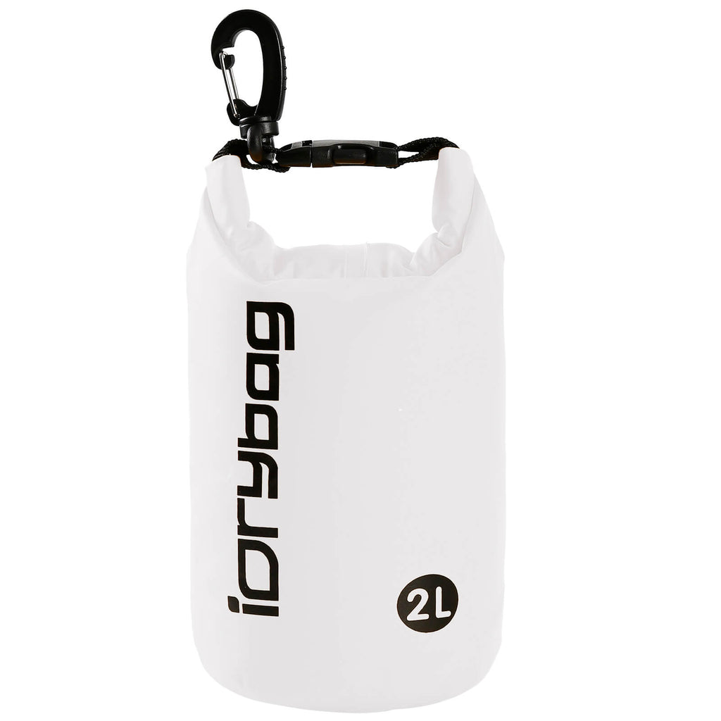 idrybag 2L White dry bag with black carabiner and 'idrybag' branding on a white background