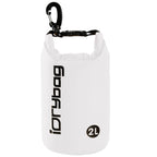 idrybag 2L White dry bag with black carabiner and 'idrybag' branding on a white background