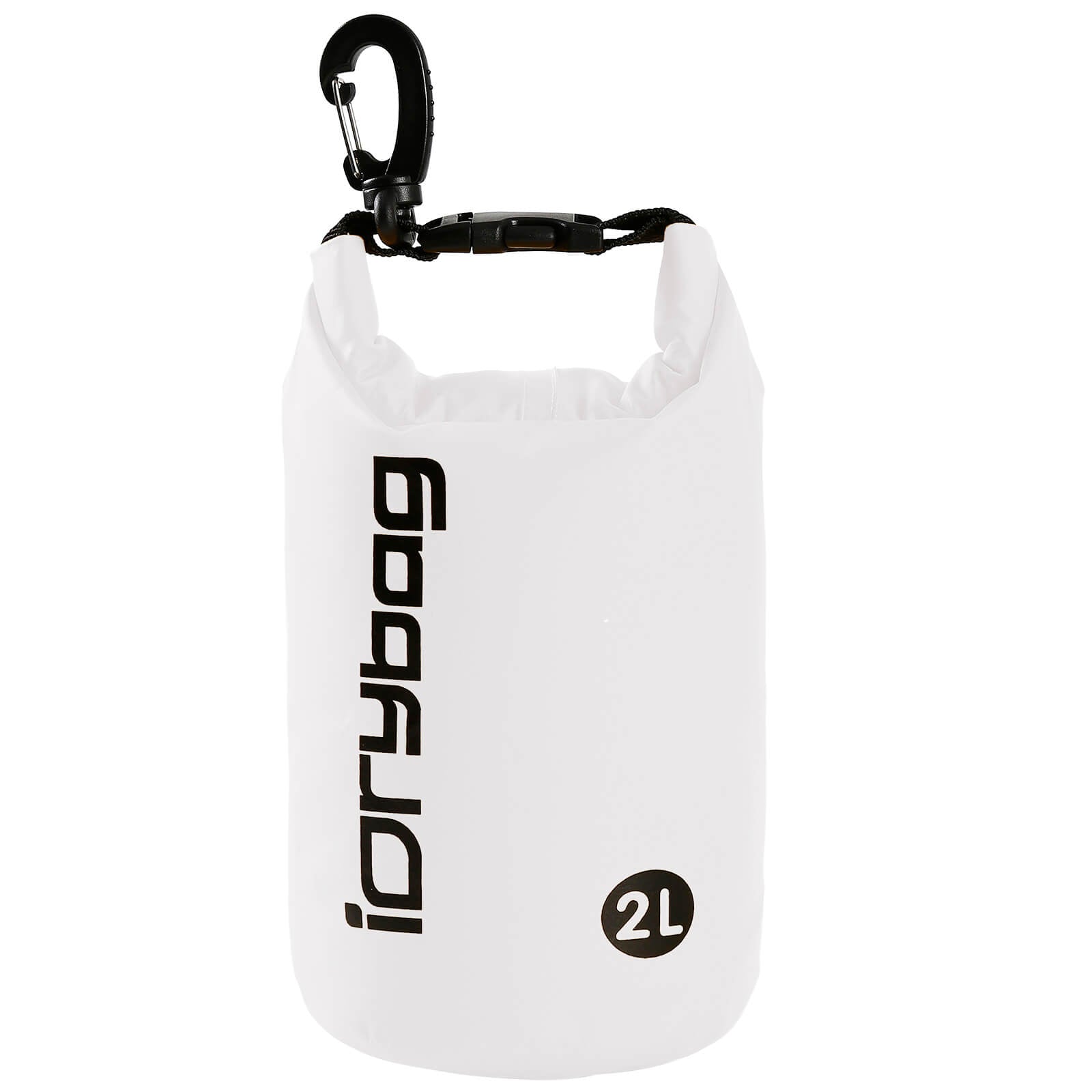 idrybag 2L White dry bag with black carabiner and 'idrybag' branding on a white background