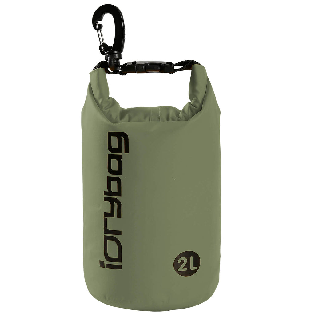idrybag 2L Green dry bag with carabiner on a white background