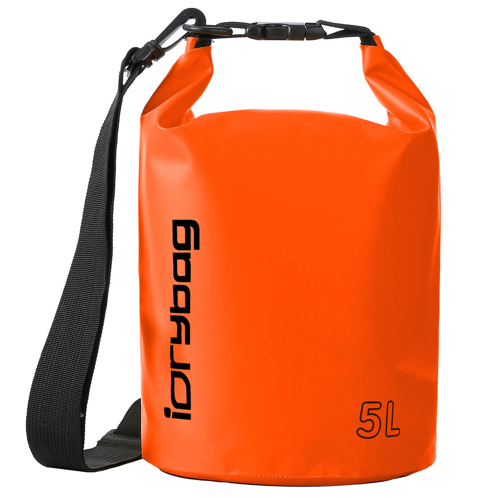 5L Orange dry bag with black strap and 'iDrybag' branding on a white background