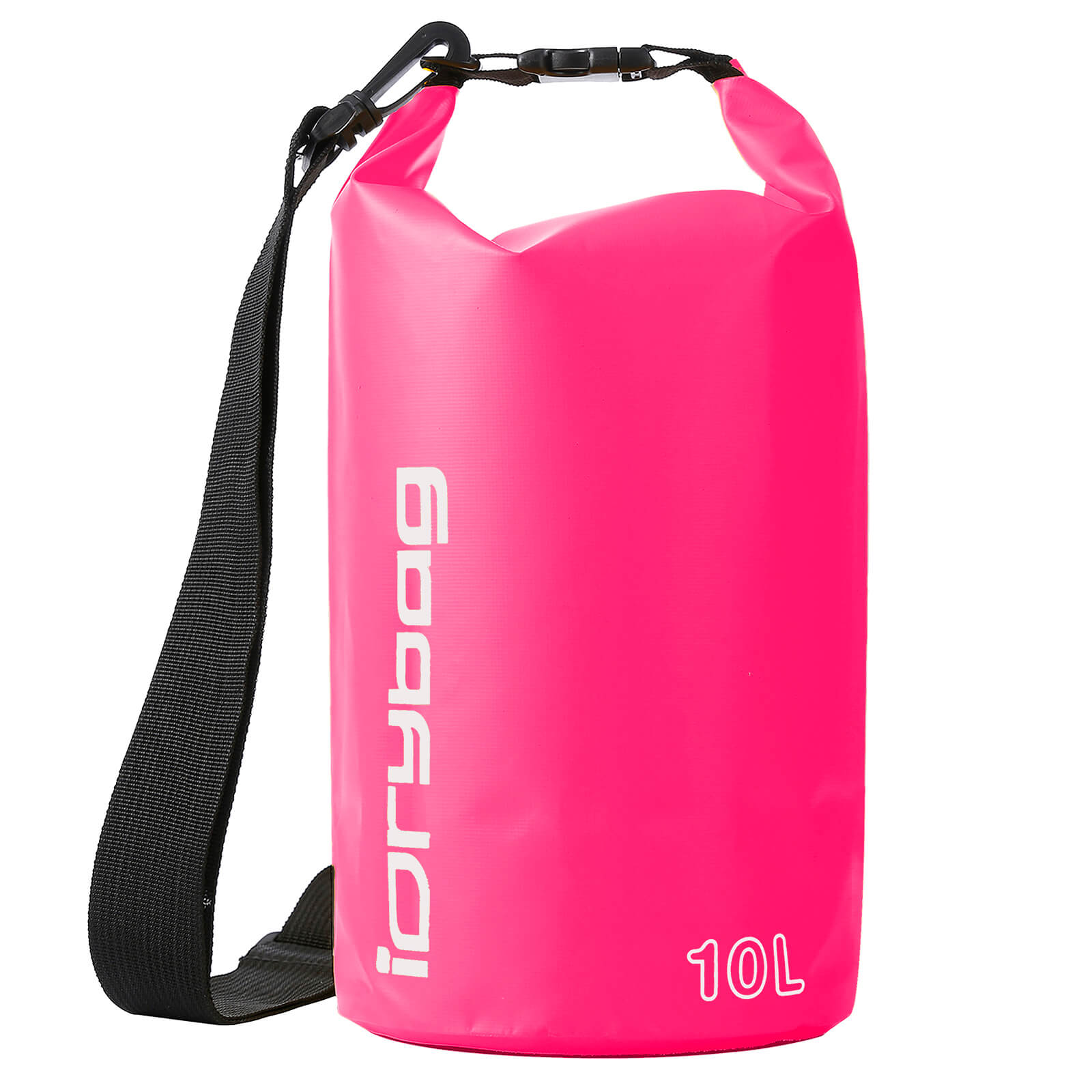 idrybag 10L Pink dry bag with black strap on a white background