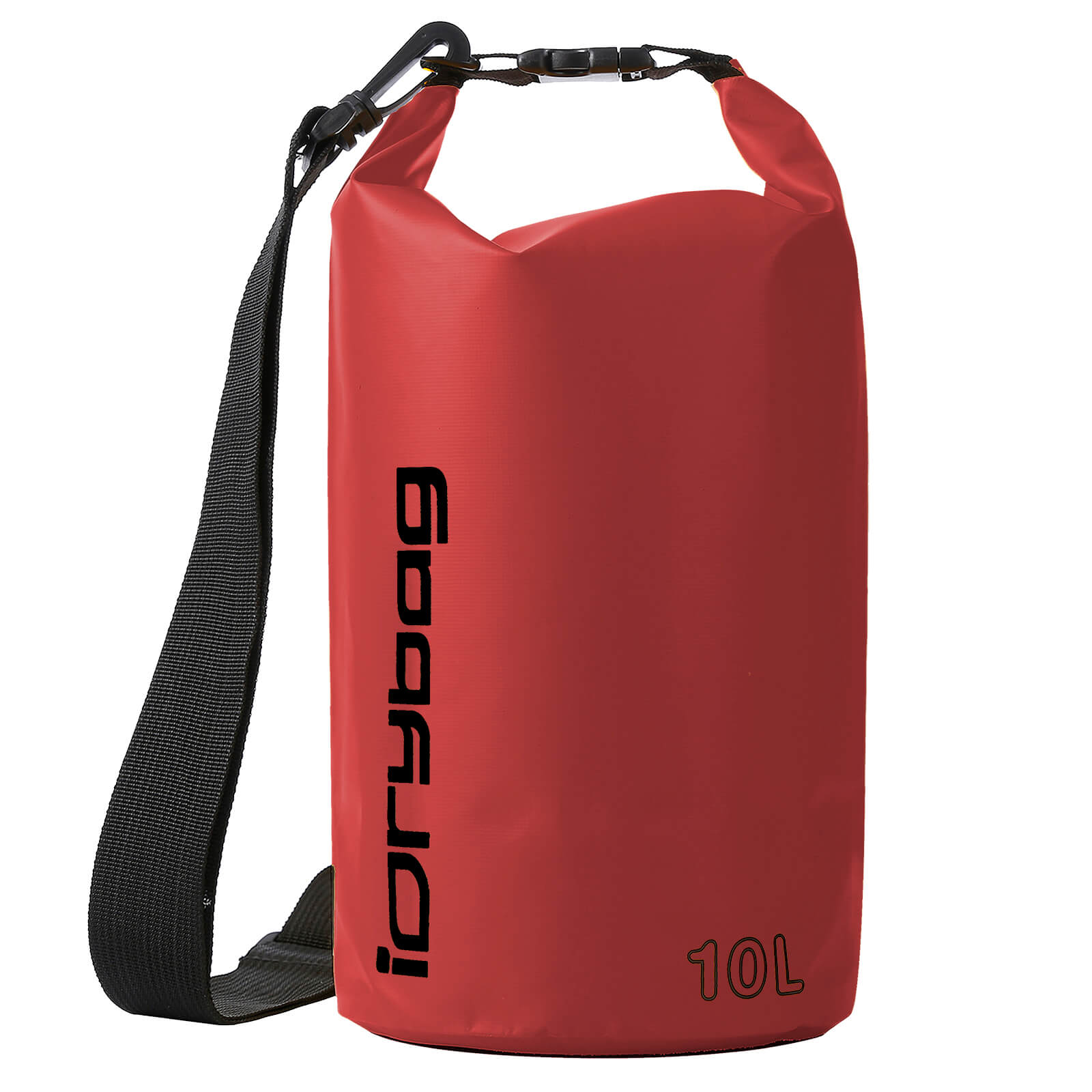 idrybag 10L Red dry bag with black strap and 'iDrybag' branding on a white background