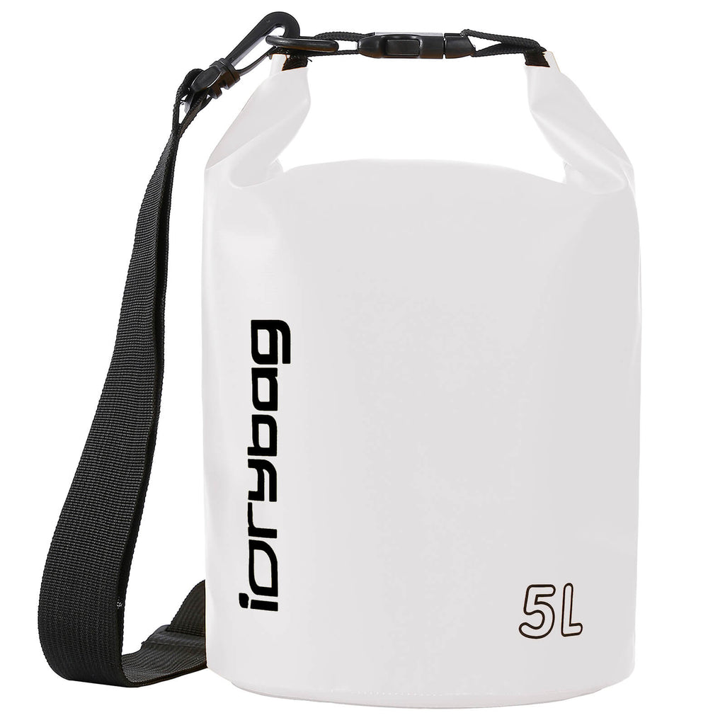 idrybag 5L White dry bag with black strap and 'iDryBag' branding on a white background