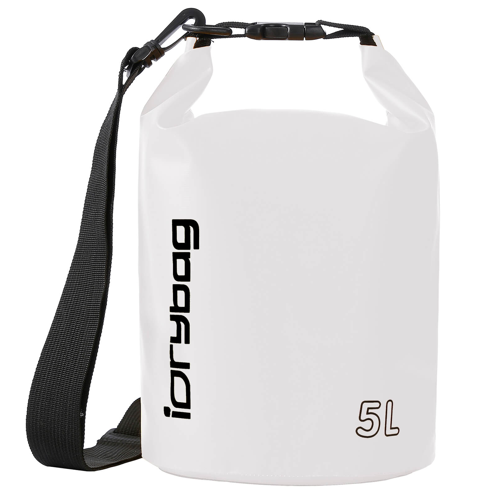 idrybag 5L White dry bag with black strap and 'iDryBag' branding on a white background