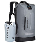 idrybag Gray waterproof backpack with a smaller white dry bag on a white background
