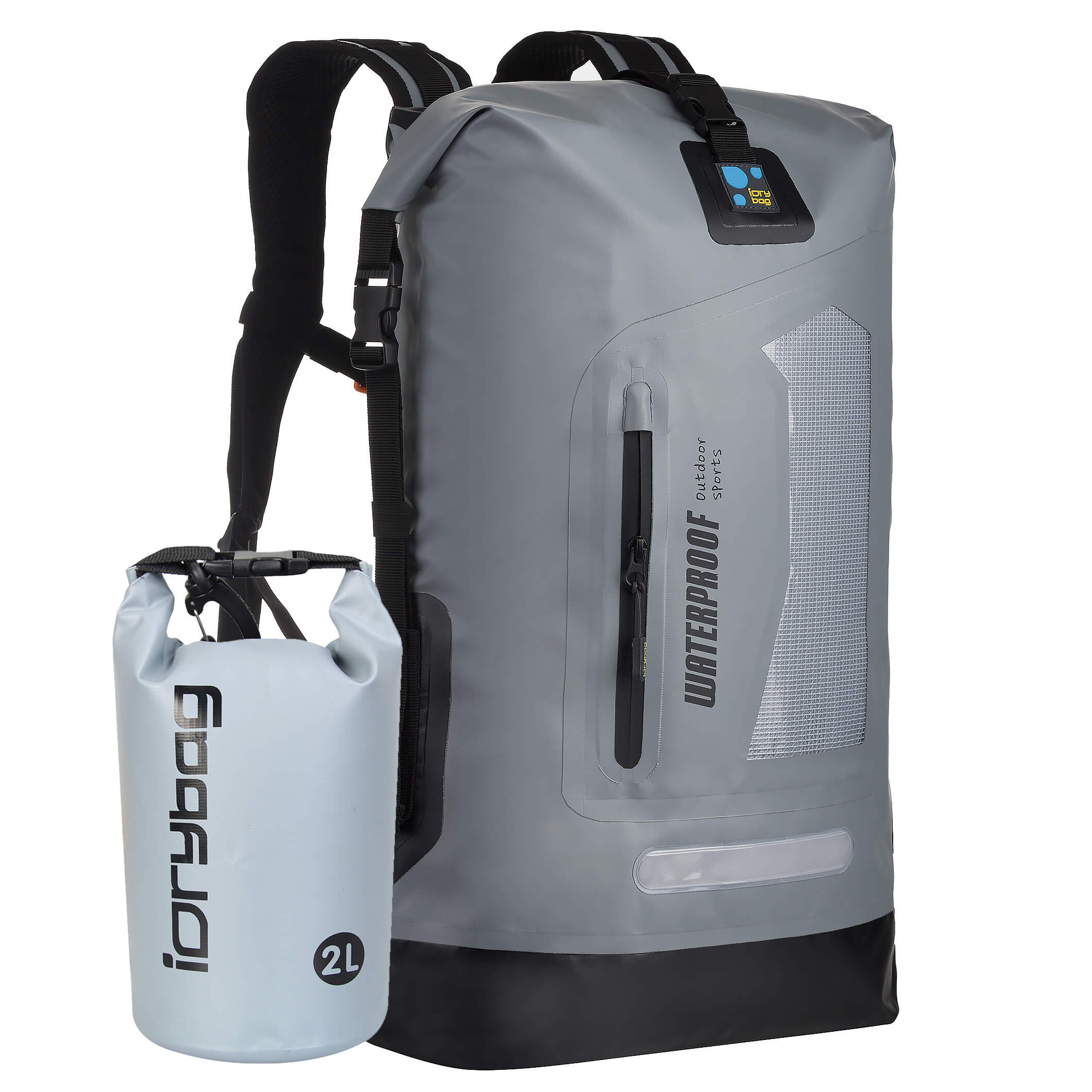 idrybag Gray waterproof backpack with a smaller white dry bag on a white background