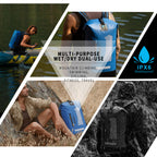 Collage of a blue backpack being used in various outdoor activities with text highlighting its multi-purpose use and IPX6 weatherproof feature.
