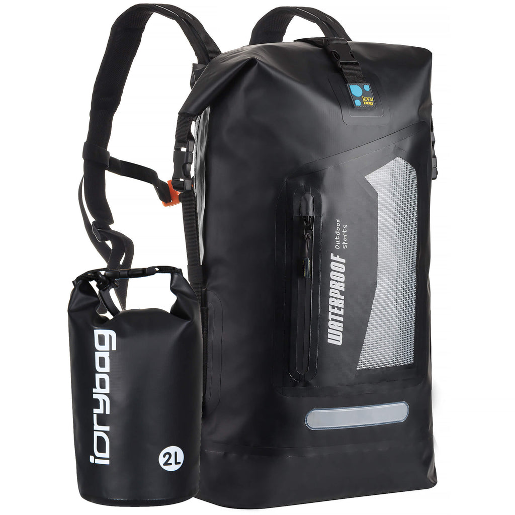 idrybag Black waterproof backpack and smaller dry bag on a white background