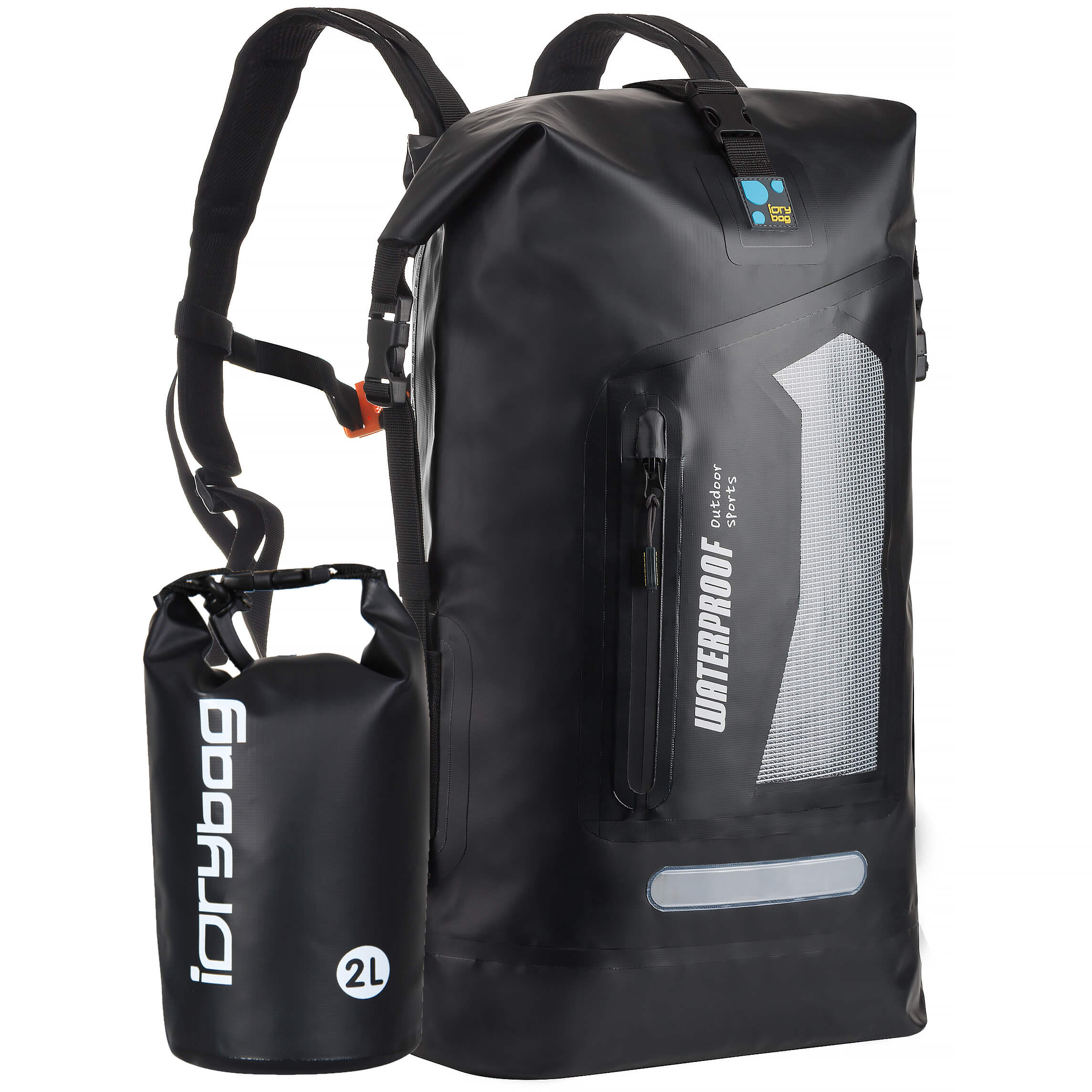 idrybag Black waterproof backpack and smaller dry bag on a white background