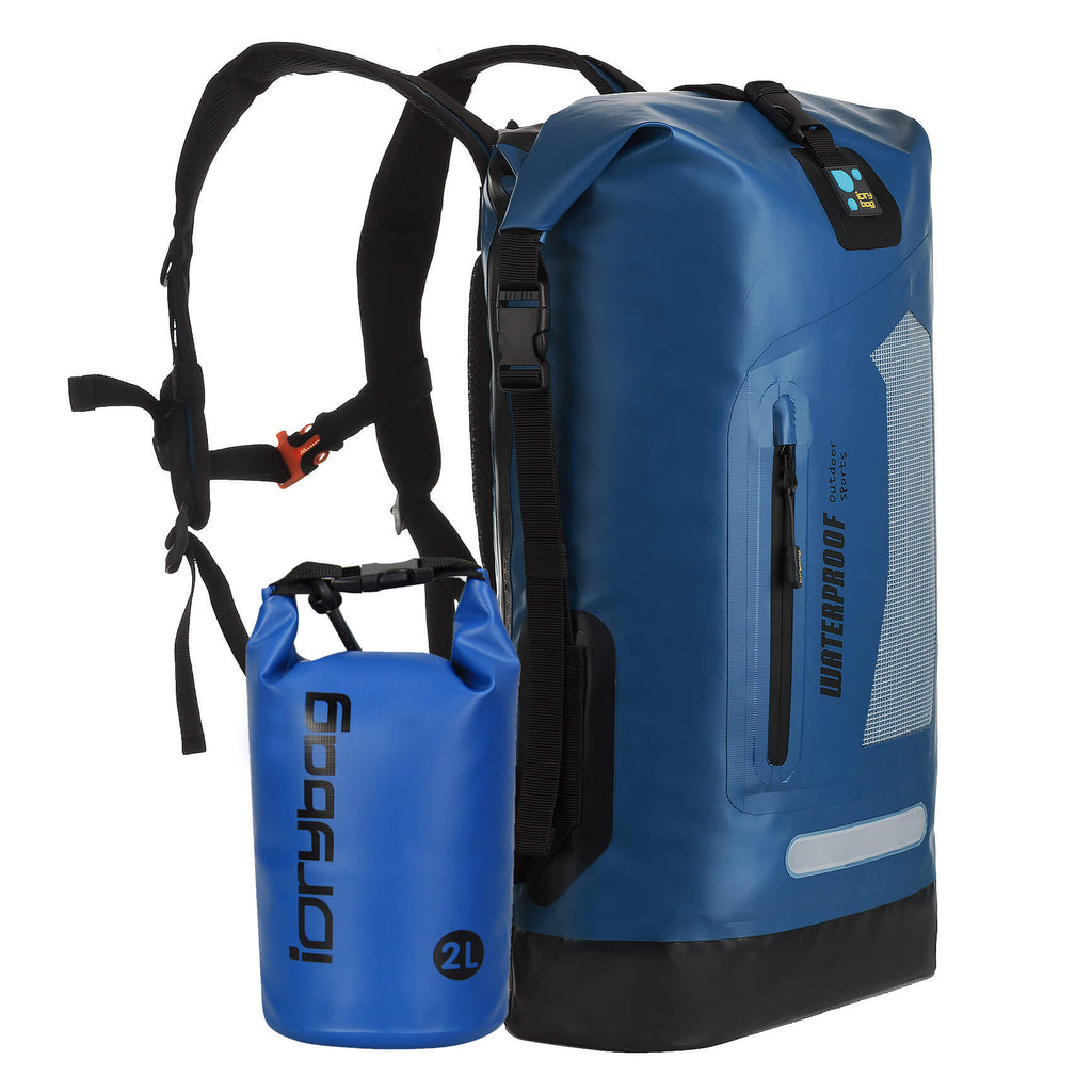 idrybag Blue waterproof backpack and container on a white background