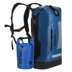 idrybag Blue waterproof backpack and container on a white background