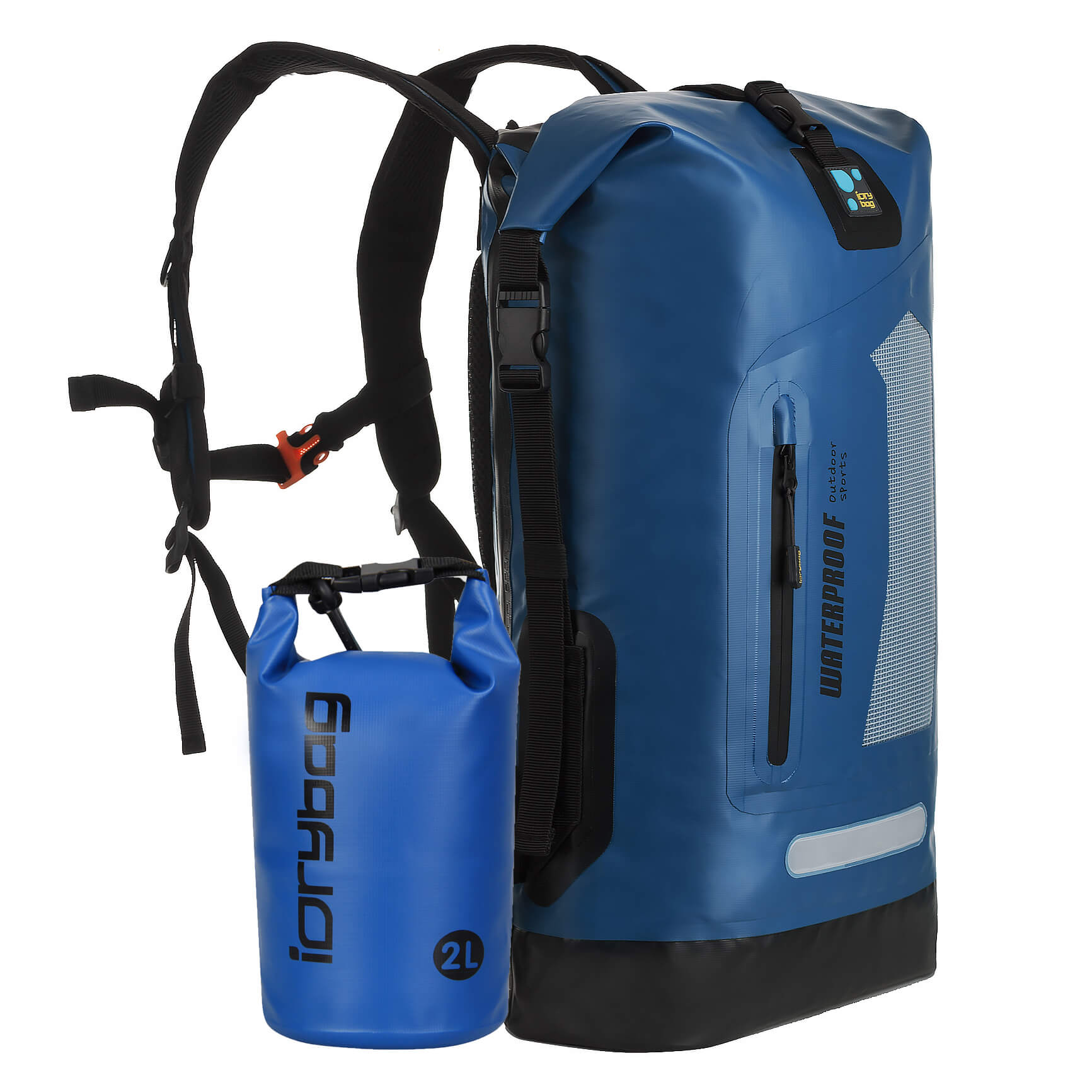 idrybag Blue waterproof backpack and container on a white background