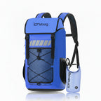 Blue backpack with black accents and a water bottle, featuring the idrybag brand.