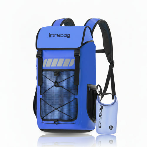 Blue backpack with black accents and a water bottle, featuring the idrybag brand.