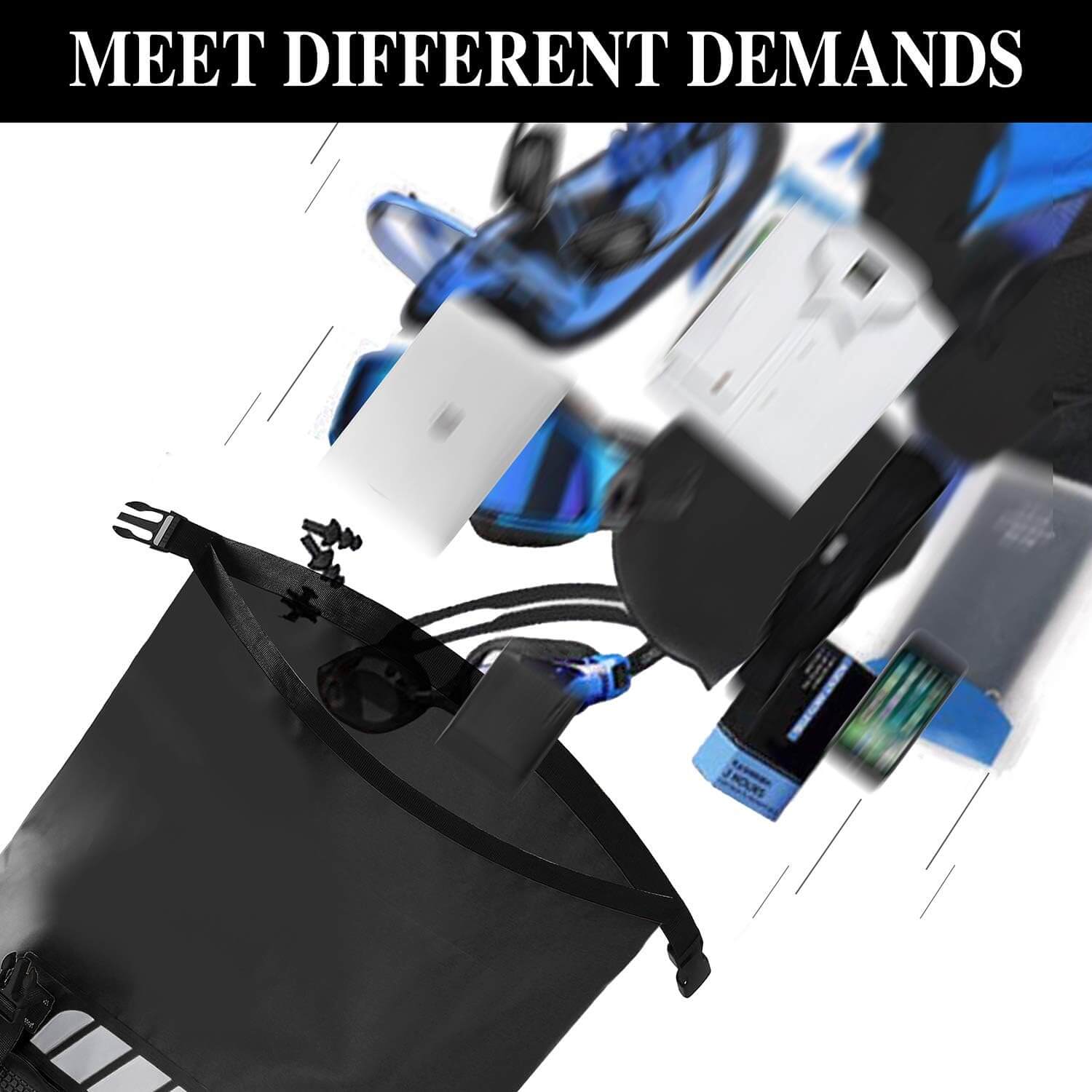 Black idrbag bag with various electronic accessories on a white background, text 'MEET DIFFERENT DEMANDS' at the top.