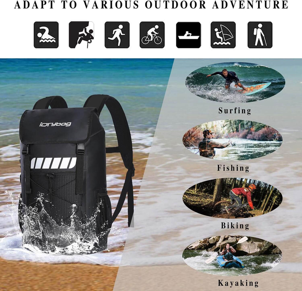 Black backpack with 'idrybag' branding on a beach background, showing icons for various outdoor activities.