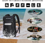 Black backpack with 'idrybag' branding on a beach background, showing icons for various outdoor activities.