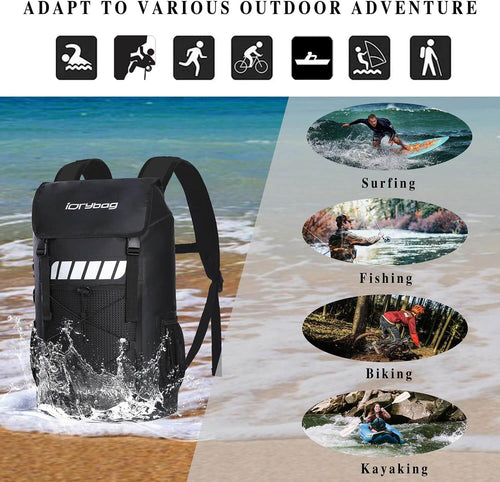 Black backpack with 'idrybag' branding on a beach background, showing icons for various outdoor activities.