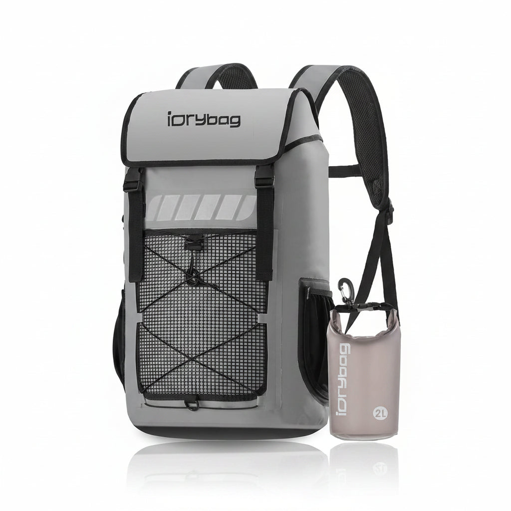 Gray backpack with a smaller beige bag featuring the brand 'idrybag' on a white background.
