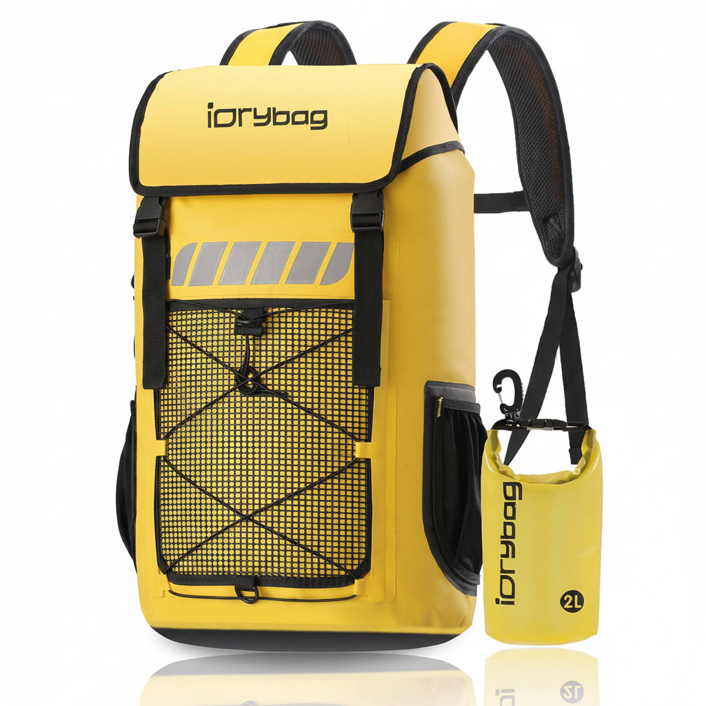 Yellow backpack with a smaller yellow bag labeled 'idrybag' on a white background