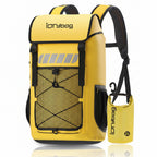Yellow backpack with a smaller yellow bag labeled 'idrybag' on a white background