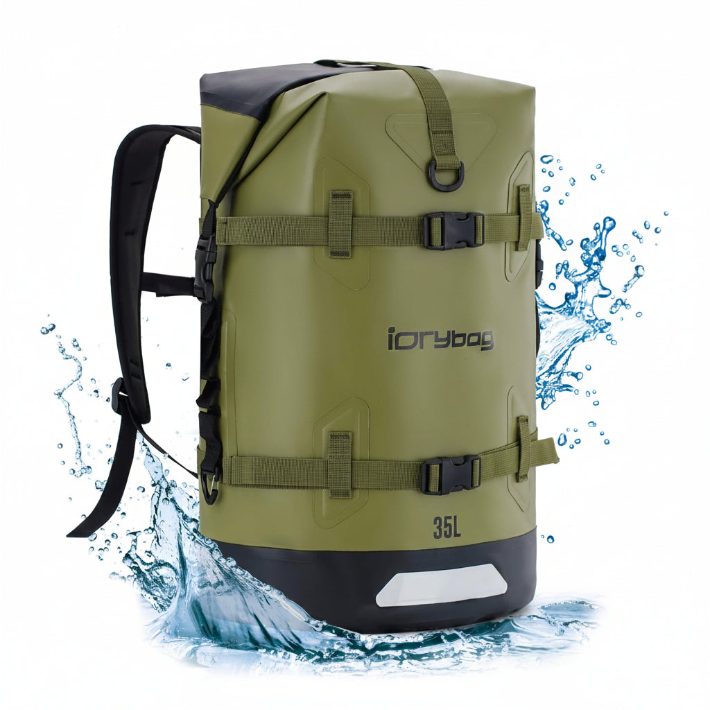 idrybag 35L Green waterproof backpack with water splashes on a white background