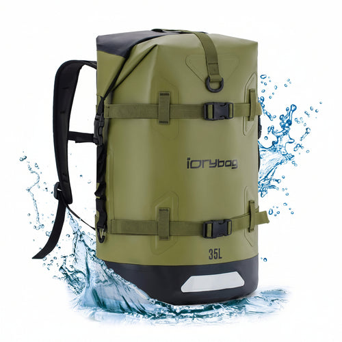 idrybag 35L Green waterproof backpack with water splashes on a white background