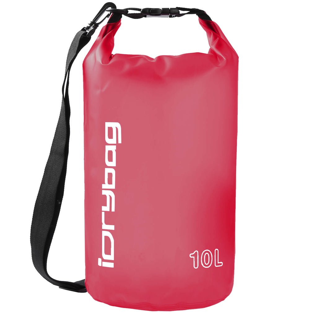 idrybag 10L Red dry bag with a black strap on a white background