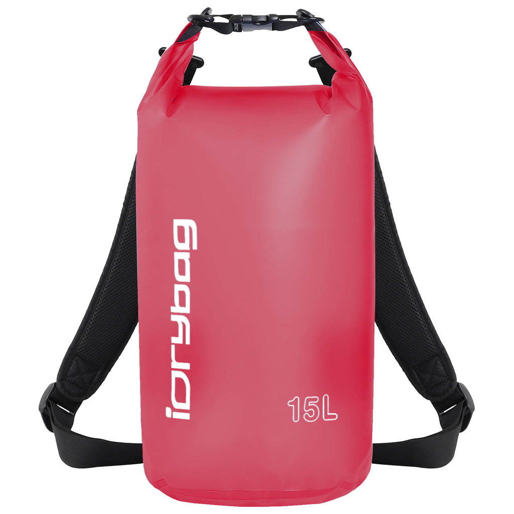 idrybag 15L Red dry bag with black straps on a white background