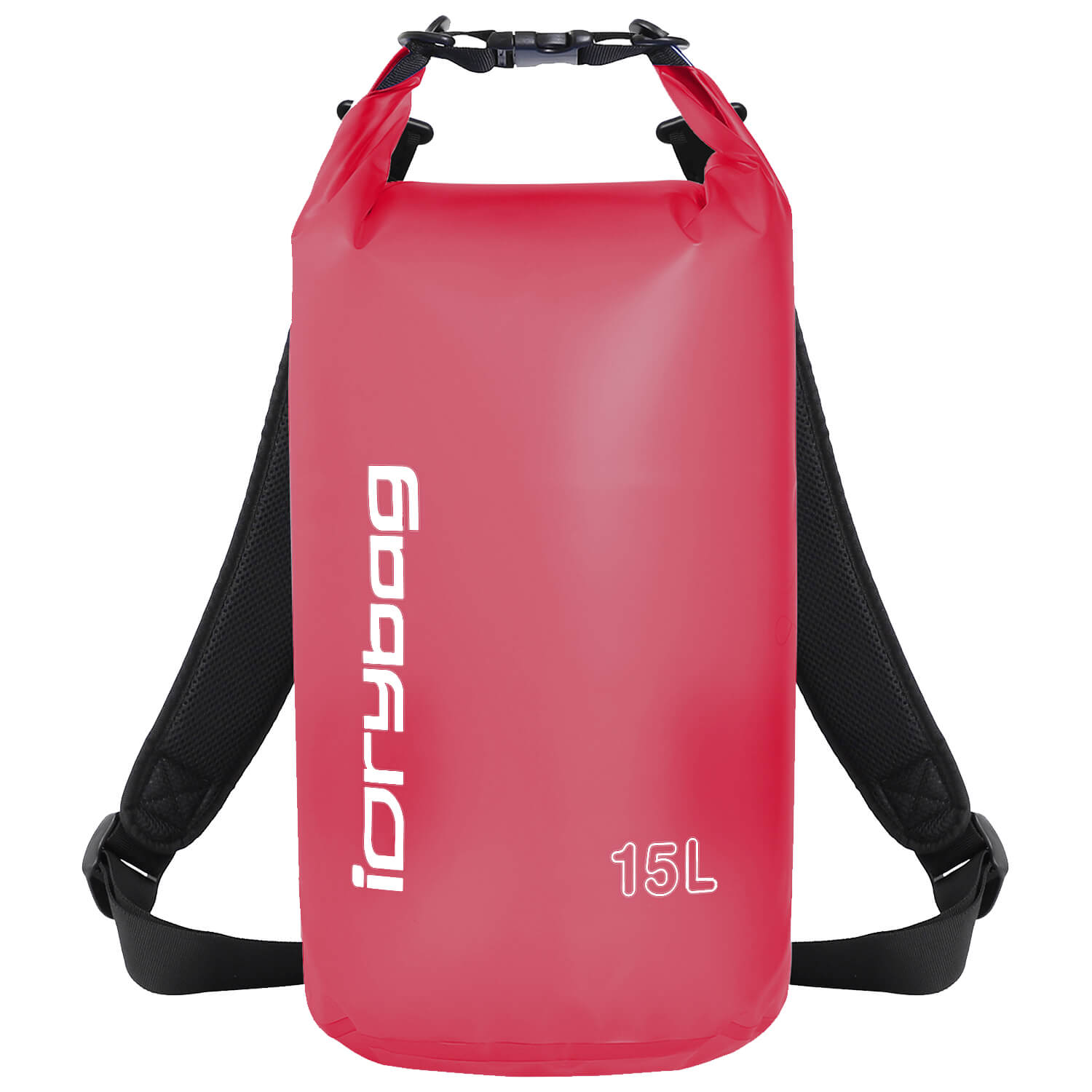 idrybag 15L Red dry bag with black straps on a white background