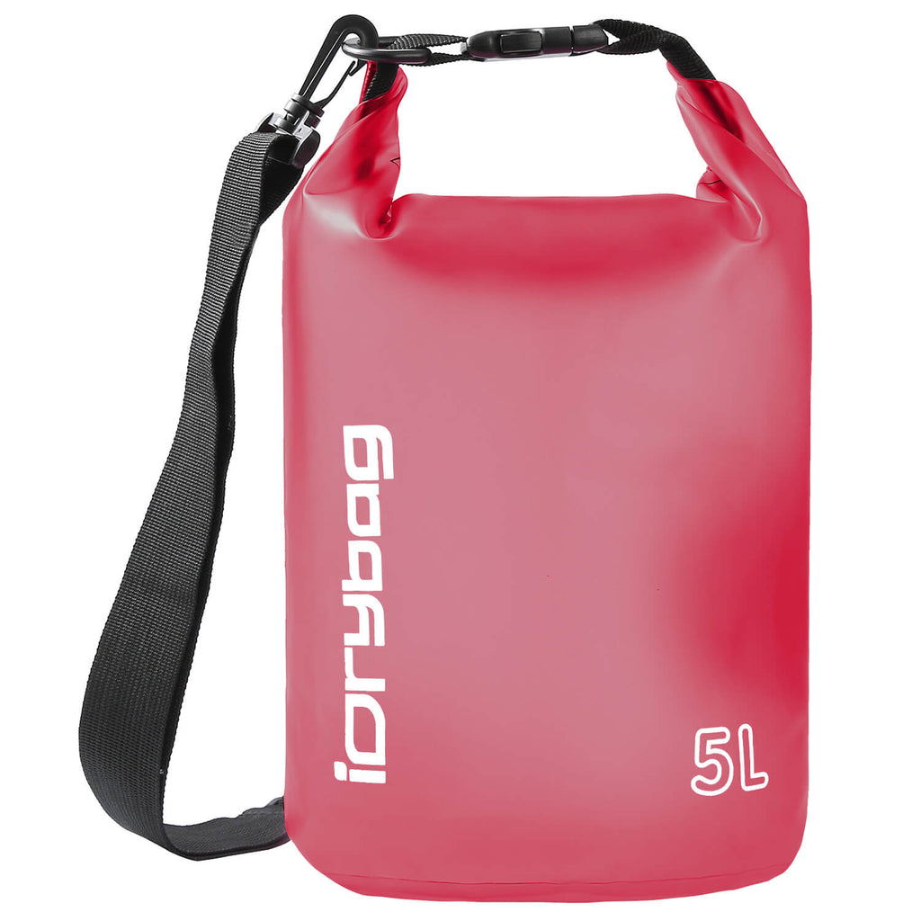 5L Red dry bag with black strap and 'idrybag' branding on a white background