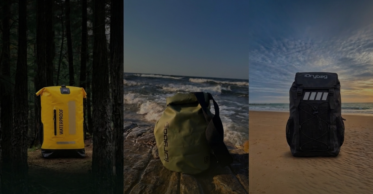 Three idrybag waterproof outdoor product shots of waterproof bags: a yellow dry bag among trees by a forest, an olive green dry bag on rocks by the ocean, and a black dry bag on a sandy beach by the sea.