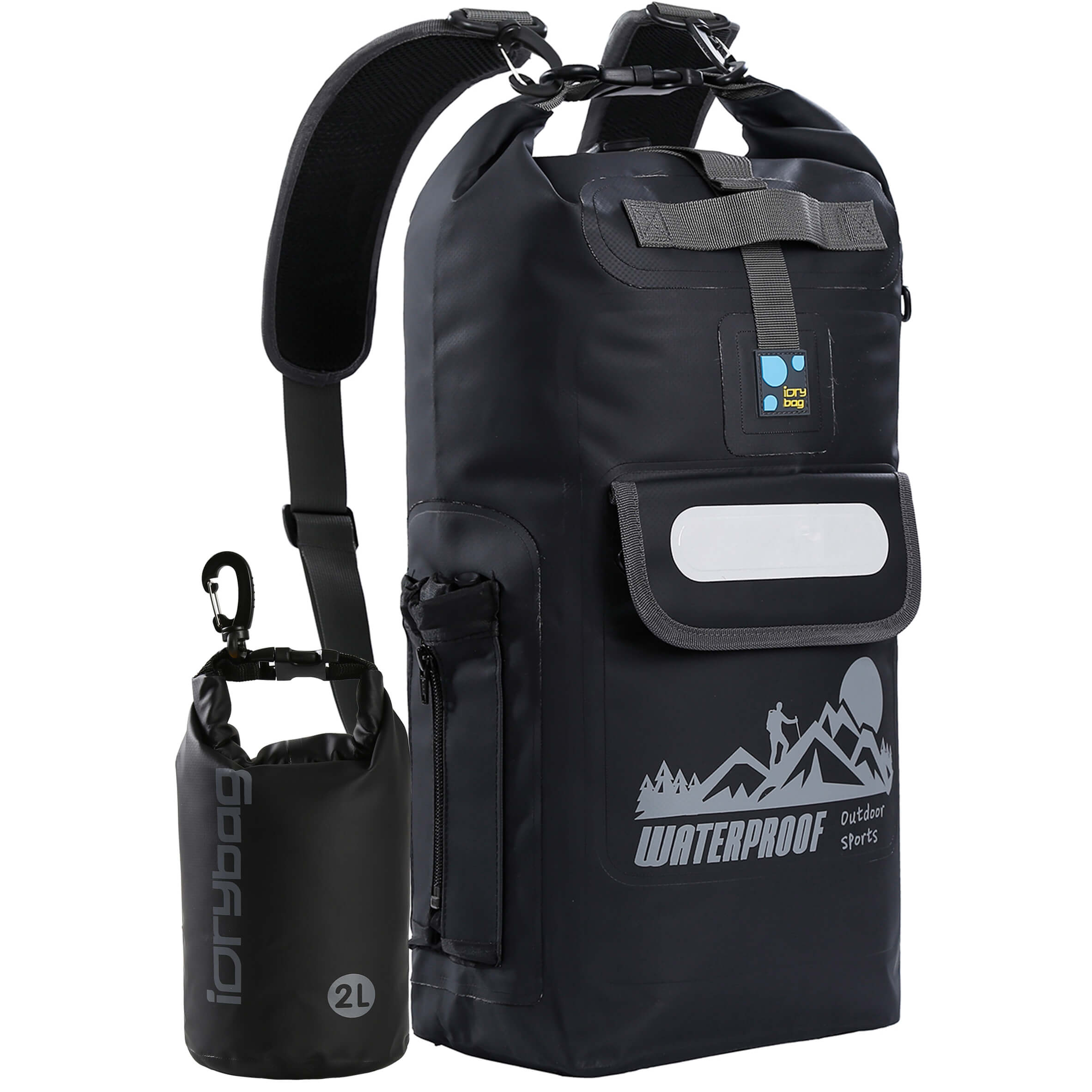 idrybag Black waterproof backpack with a smaller bag on a white background