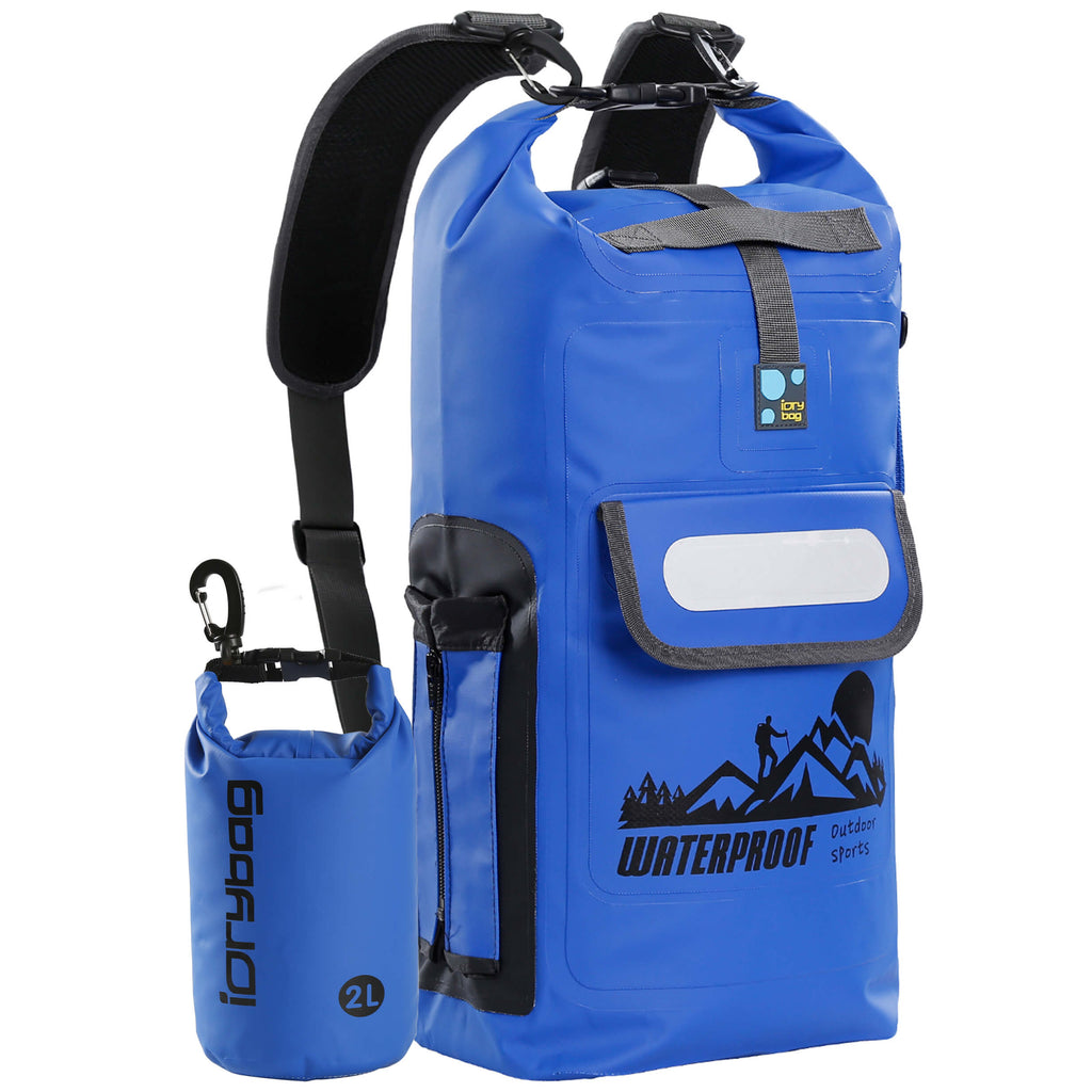 idrybag Blue waterproof backpack with a smaller blue bag on a white background
