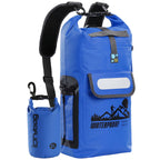 idrybag Blue waterproof backpack with a smaller blue bag on a white background