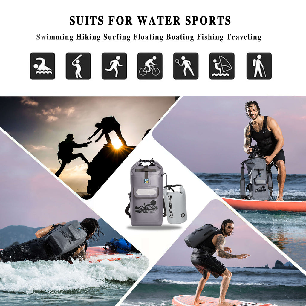 Collage of people engaging in water sports with suits for water sports demonstrating different scenarios for the usage of idybag