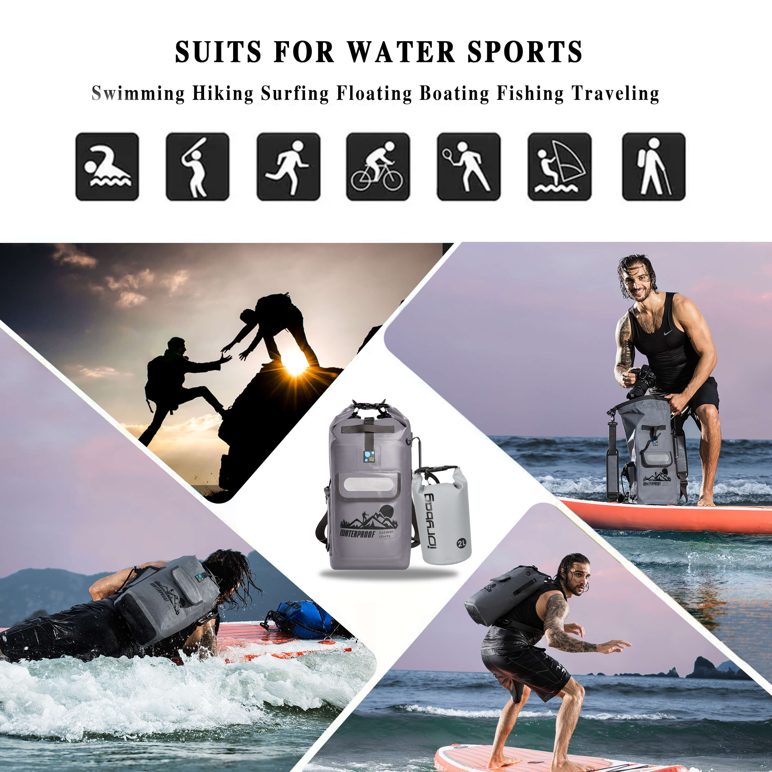 Collage of people engaging in water sports with suits for water sports demonstrating different scenarios for the usage of idybag