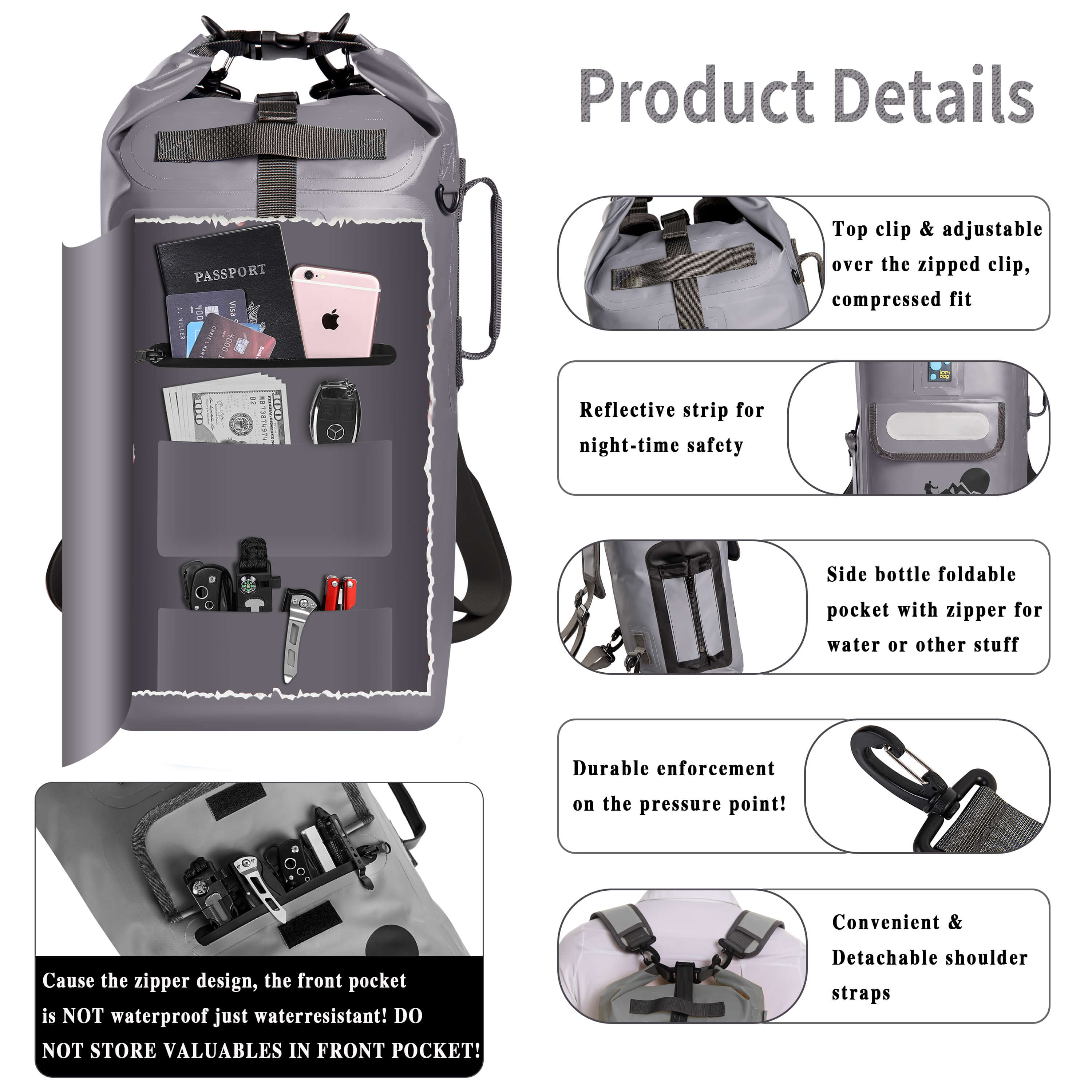 idrybag Gray dry bag with compartments and features highlighted, including a passport, phone, and money.