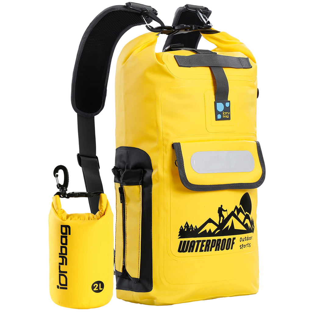 idrybag Yellow waterproof bag with black accents and a smaller yellow pouch on a white background