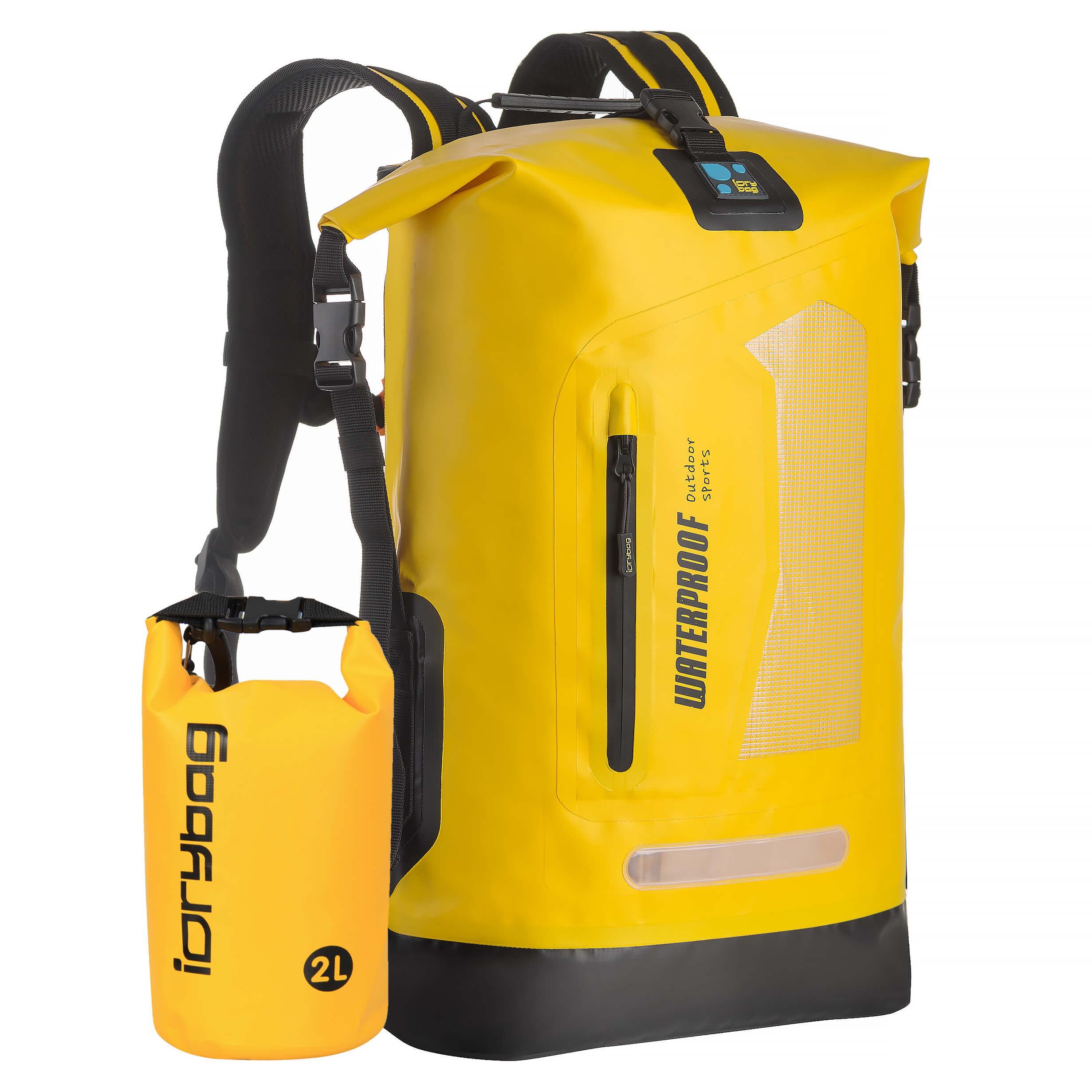 idrybag Yellow waterproof backpack and smaller bag on a white background