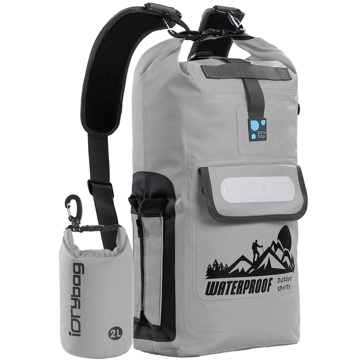 idrybag Gray waterproof backpack with a smaller pouch on a white background